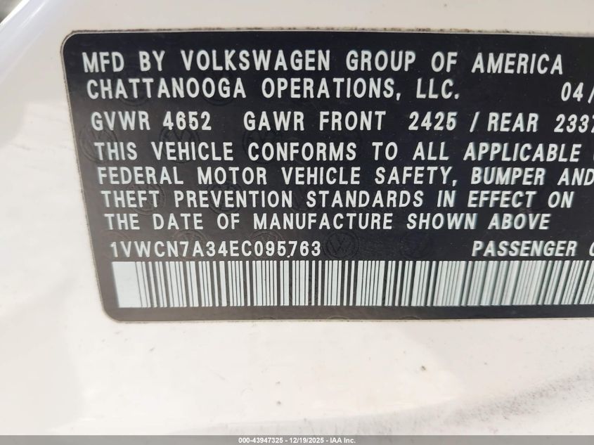 2014 Volkswagen Passat 2.0L Tdi Sel Premium VIN: 1VWCN7A34EC095763 Lot: 43947325