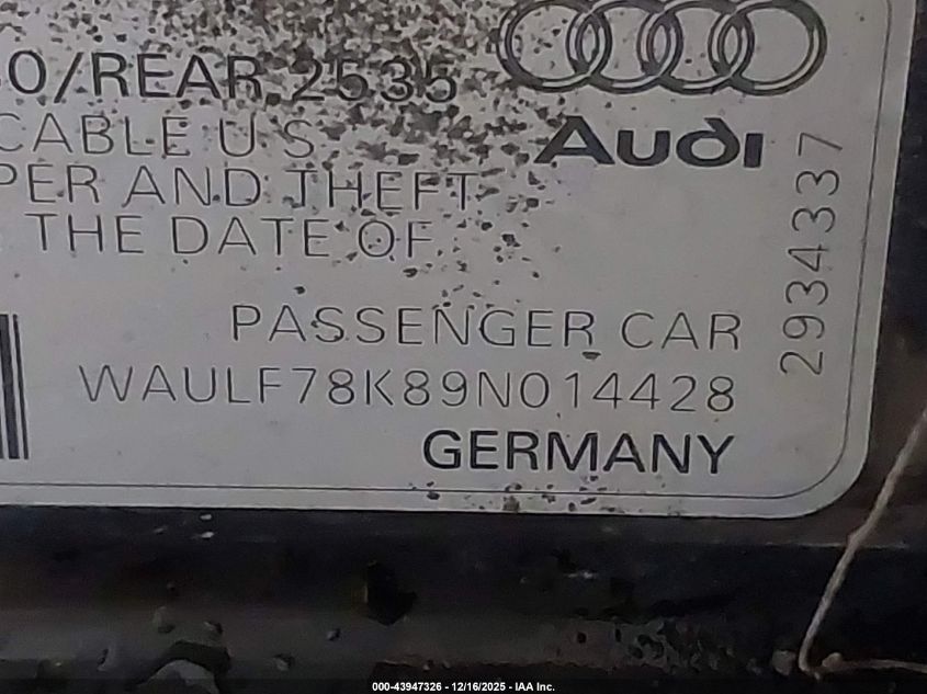 2009 Audi A4 2.0T Premium VIN: WAULF78K89N014428 Lot: 43947326