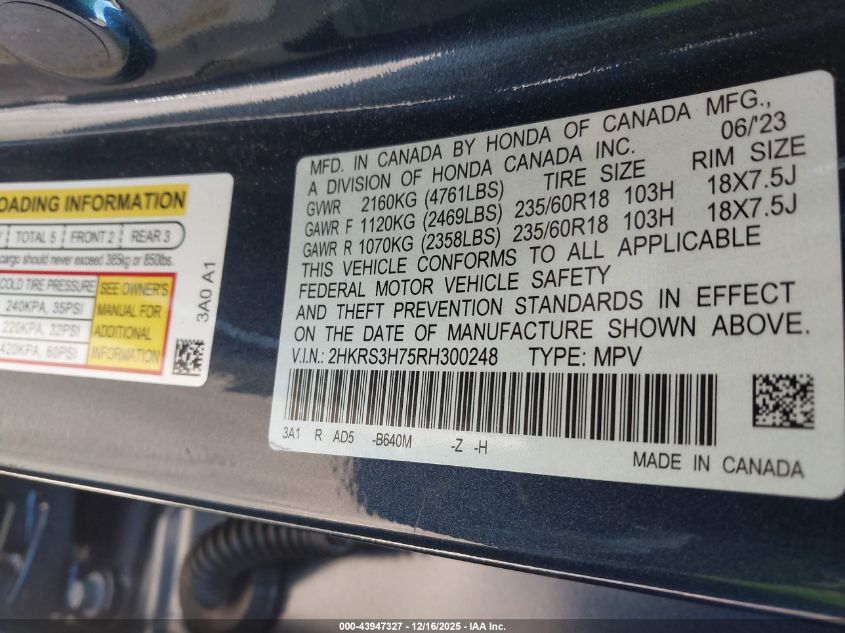 2024 Honda Cr-V Ex-L 2Wd VIN: 2HKRS3H75RH300248 Lot: 43947327