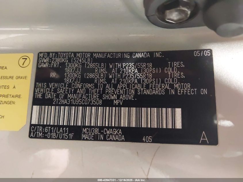 2005 Lexus Rx 330 VIN: 2T2HA31U95C073508 Lot: 43947331