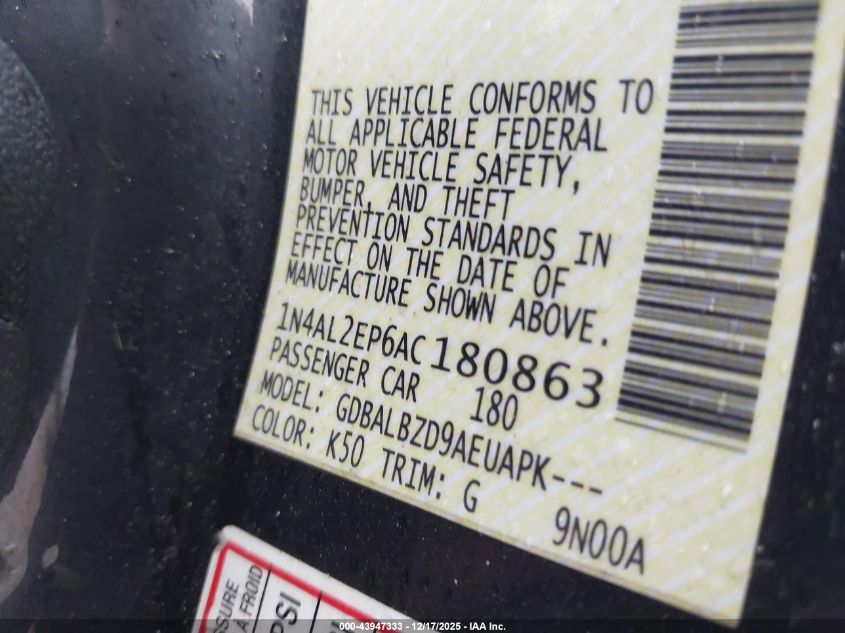 2010 Nissan Altima 2.5 S VIN: 1N4AL2EP6AC180863 Lot: 43947333