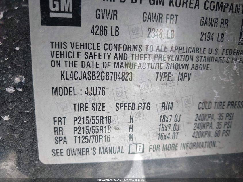 2016 Buick Encore VIN: KL4CJASB2GB704823 Lot: 43947335