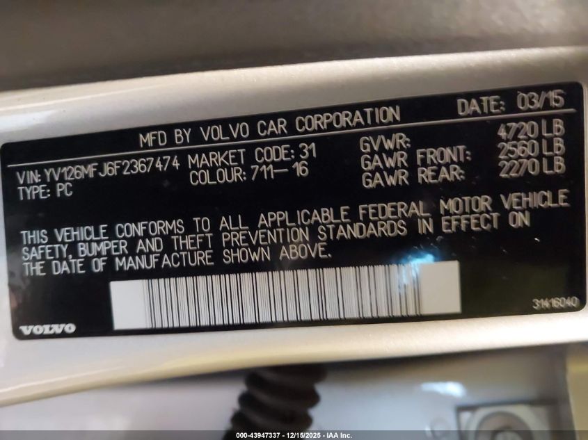 2015 Volvo S60 T5 VIN: YV126MFJ6F2367474 Lot: 43947337
