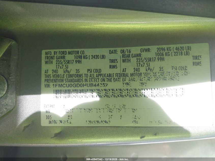 2017 Ford Escape Se VIN: 1FMCU0GD0HUB44352 Lot: 43947342