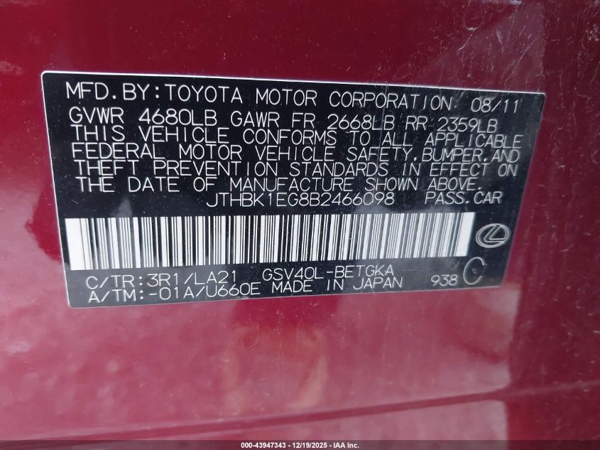 2011 Lexus Es 350 VIN: JTHBK1EG8B2466098 Lot: 43947343