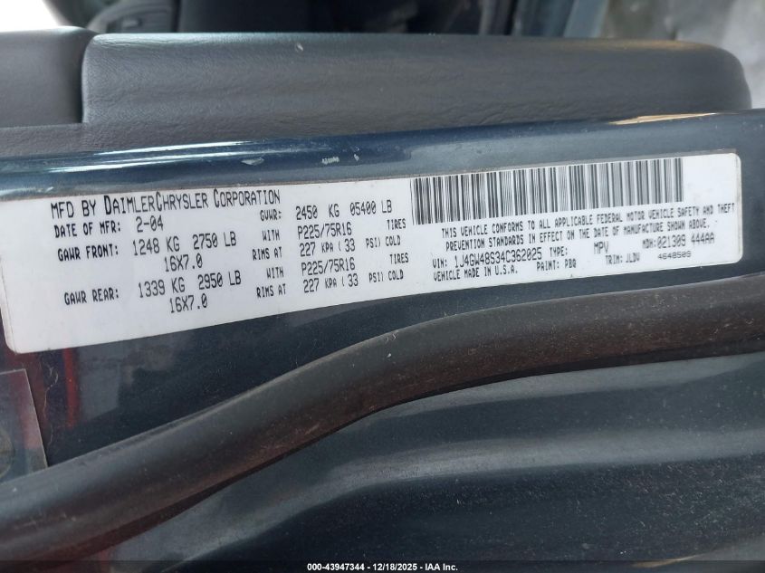 2004 Jeep Grand Cherokee Laredo VIN: 1J4GW48S34C362025 Lot: 43947344