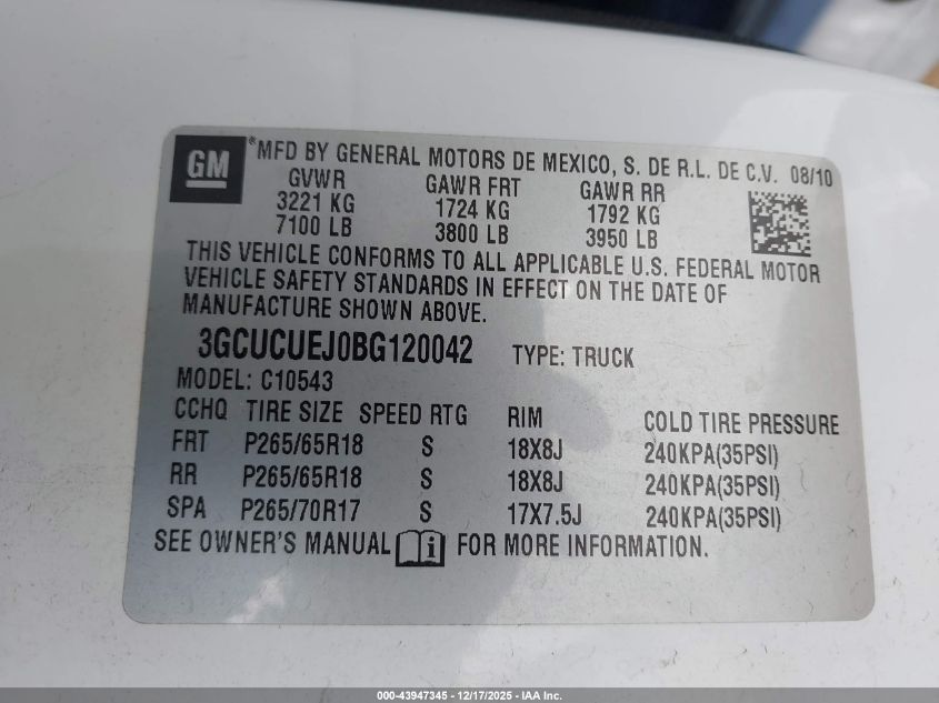 2011 Chevrolet Silverado 1500 Hybrid 1Hy VIN: 3GCUCUEJ0BG120042 Lot: 43947345