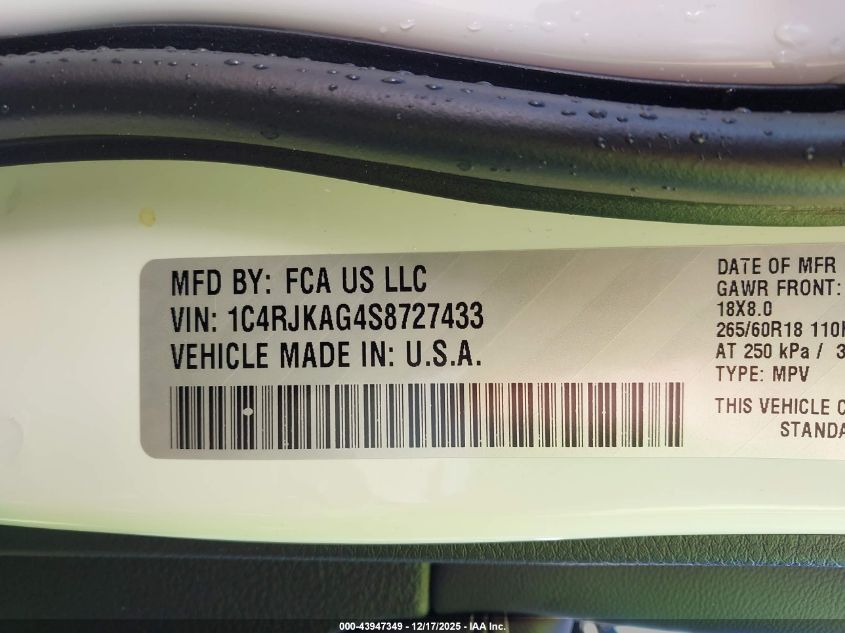 2025 Jeep Grand Cherokee L Altitude X 4X4 VIN: 1C4RJKAG4S8727433 Lot: 43947349