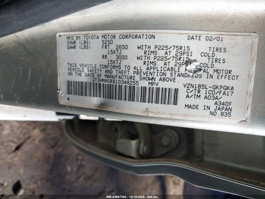 2001 Toyota 4Runner Sr5 V6 VIN: JT3HN86R810348255 Lot: 43947350