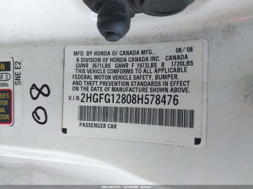 2008 Honda Civic Ex VIN: 2HGFG12808H578476 Lot: 43947351