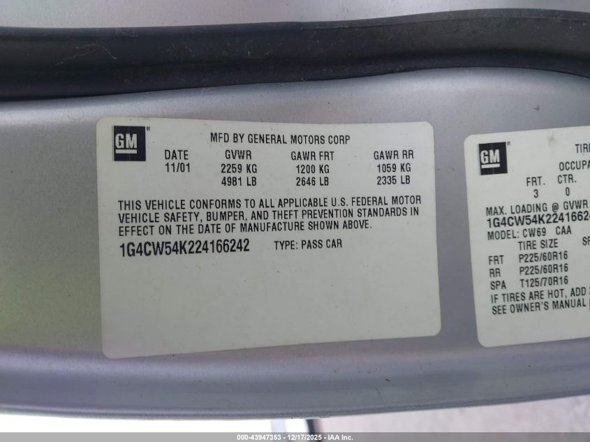 2002 Buick Park Avenue VIN: 1G4CW54K224166242 Lot: 43947353