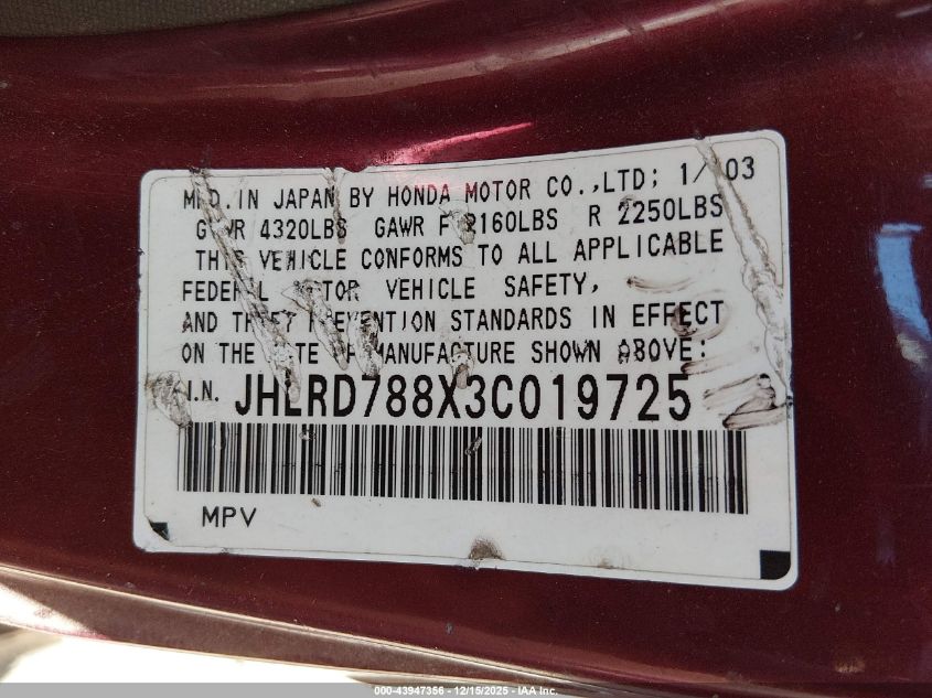 2003 Honda Cr-V Ex VIN: JHLRD788X3C019725 Lot: 43947356