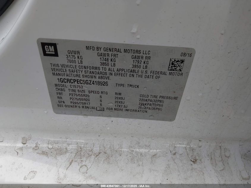 2016 Chevrolet Silverado 1500 Custom VIN: 1GCRCPEC5GZ418926 Lot: 43947361