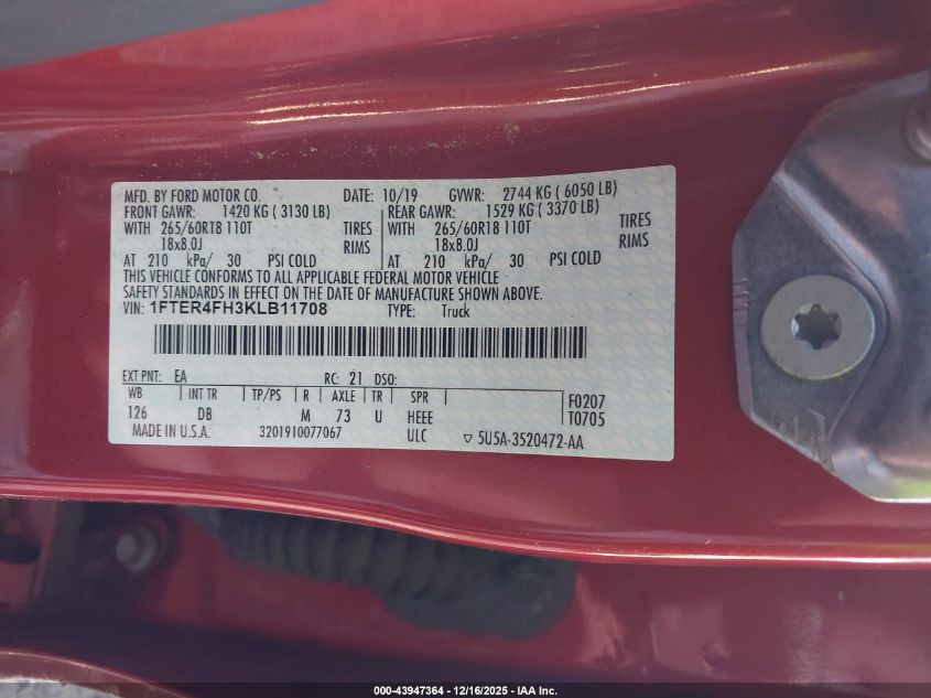 2019 Ford Ranger Lariat VIN: 1FTER4FH3KLB11708 Lot: 43947364