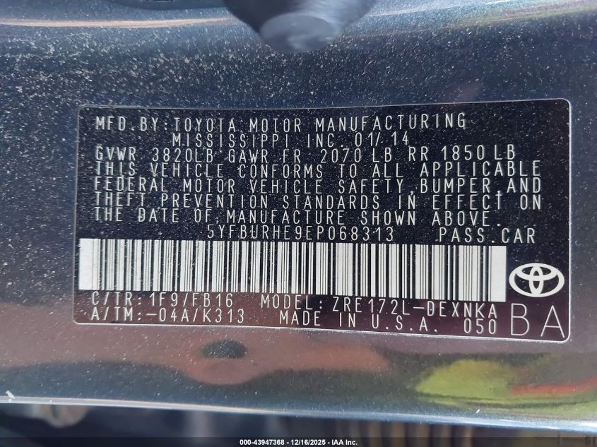 2014 Toyota Corolla Le Plus VIN: 5YFBURHE9EP068313 Lot: 43947368