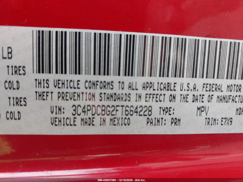 2015 Dodge Journey Sxt VIN: 3C4PDCBG2FT664228 Lot: 43947369