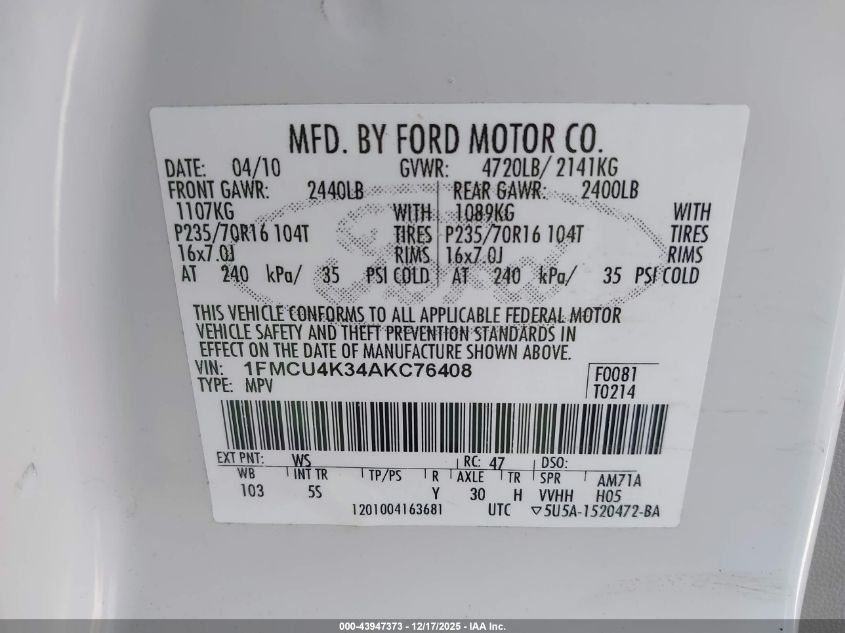 2010 Ford Escape Hybrid Limited VIN: 1FMCU4K34AKC76408 Lot: 43947373