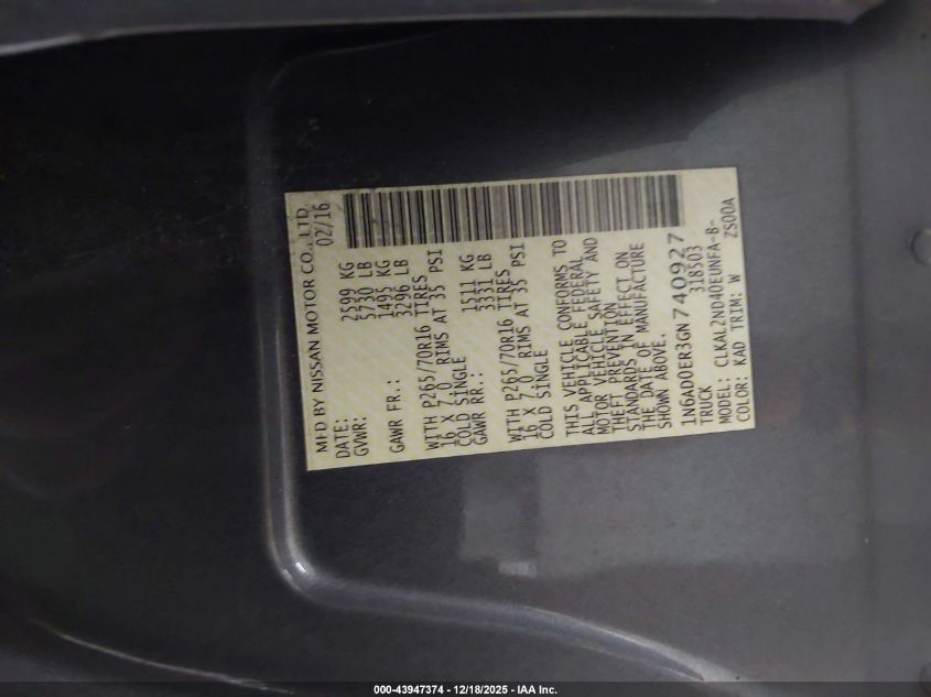 2016 Nissan Frontier Sv VIN: 1N6AD0ER3GN740927 Lot: 43947374