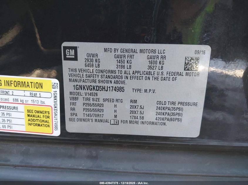 2017 Chevrolet Traverse 1Lt VIN: 1GNKVGKD5HJ174985 Lot: 43947375