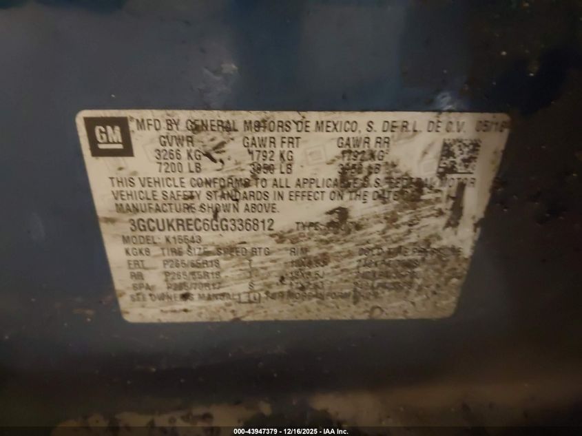 2016 Chevrolet Silverado 1500 2Lt VIN: 3GCUKREC6GG336812 Lot: 43947379