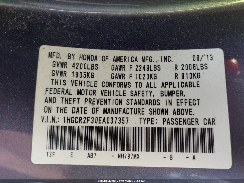 2014 Honda Accord Lx VIN: 1HGCR2F30EA037357 Lot: 43947383