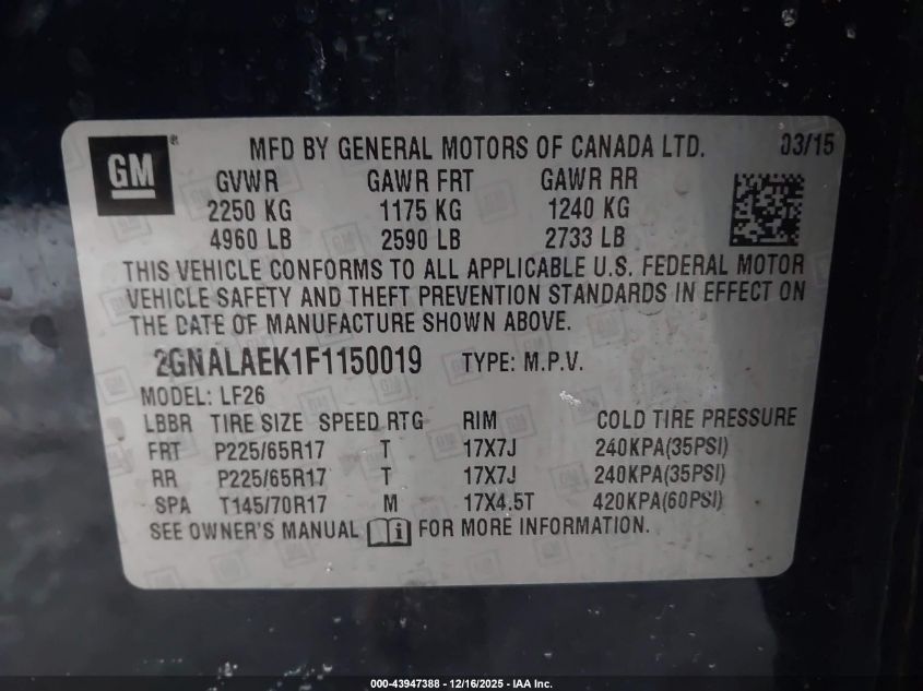 2015 Chevrolet Equinox Ls VIN: 2GNALAEK1F1150019 Lot: 43947388