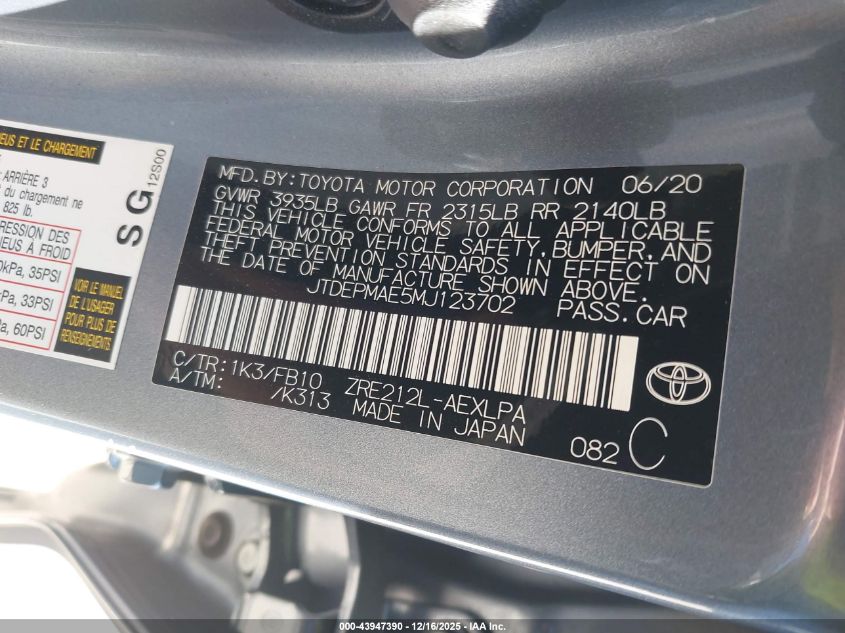 2021 Toyota Corolla Le VIN: JTDEPMAE5MJ123702 Lot: 43947390