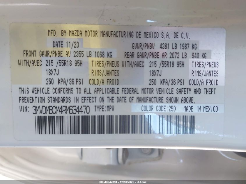 2024 Mazda Cx-30 2.5 S Preferred Package VIN: 3MVDMBCM4RM634470 Lot: 43947394