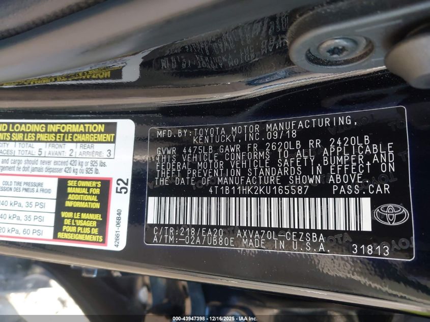 2019 Toyota Camry Se VIN: 4T1B11HK2KU165587 Lot: 43947398