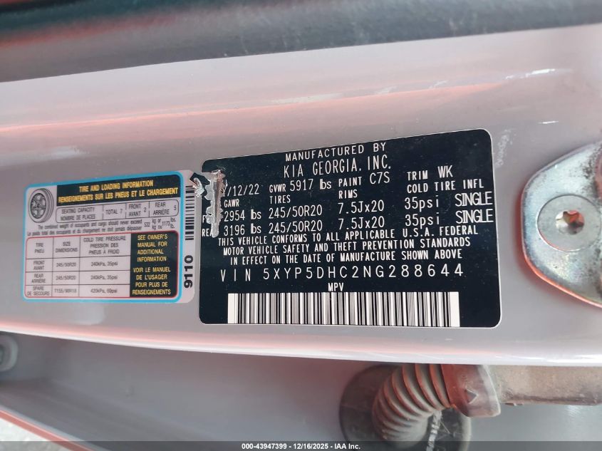 2022 Kia Telluride Sx VIN: 5XYP5DHC2NG288644 Lot: 43947399