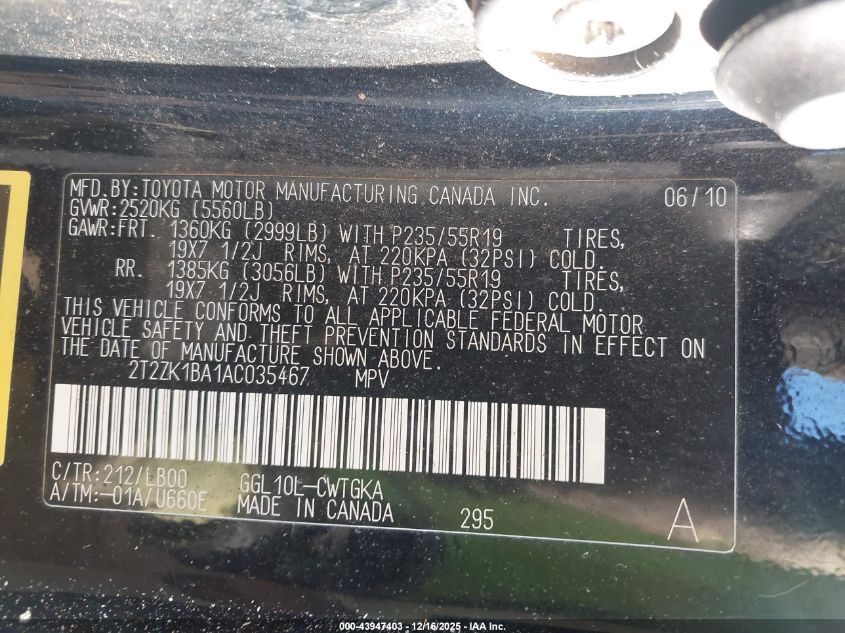 2010 Lexus Rx 350 VIN: 2T2ZK1BA1AC035467 Lot: 43947403