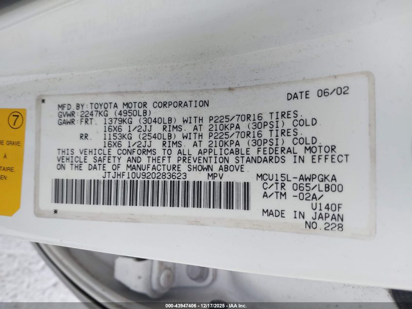 2002 Lexus Rx 300 VIN: JTJHF10U920283623 Lot: 43947406