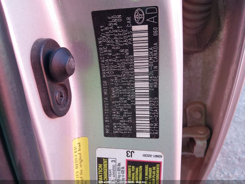 2011 Toyota Corolla S VIN: 2T1BU4EE7BC693988 Lot: 43947407