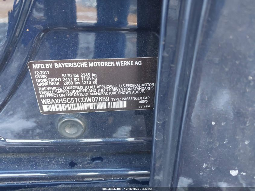2012 BMW 528I xDrive VIN: WBAXH5C51CDW07689 Lot: 43947409