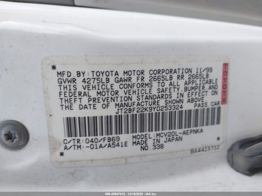 2000 Toyota Camry Le V6 VIN: JT2BF22K9Y0253324 Lot: 43947412