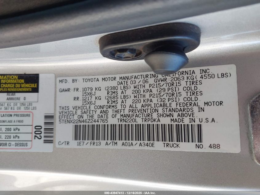 2006 Toyota Tacoma VIN: 5TENX22N46Z244765 Lot: 43947413