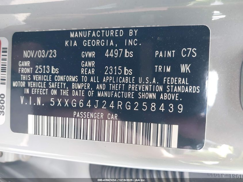 2024 Kia K5 Gt-Line VIN: 5XXG64J24RG258439 Lot: 43947414