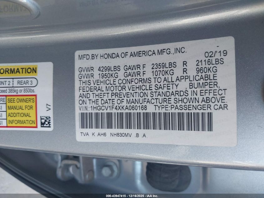 2019 Honda Accord Ex VIN: 1HGCV1F4XKA060168 Lot: 43947415