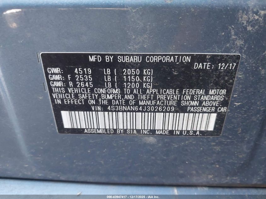 2018 Subaru Legacy 2.5I Limited VIN: 4S3BNAN64J3026209 Lot: 43947417