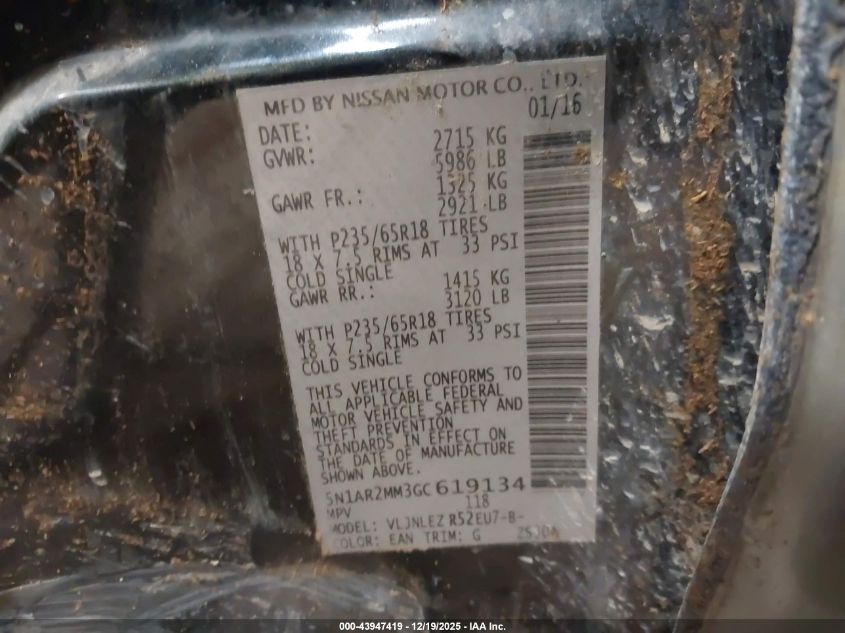 2016 Nissan Pathfinder Platinum/S/Sl/Sv VIN: 5N1AR2MM3GC619134 Lot: 43947419