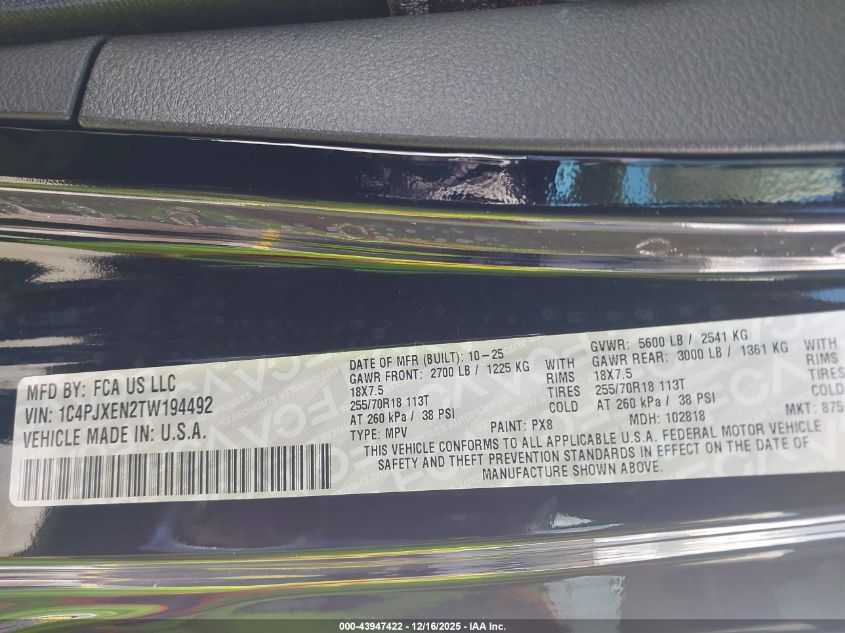 2026 Jeep Wrangler VIN: 1C4PJXEN2TW194492 Lot: 43947422