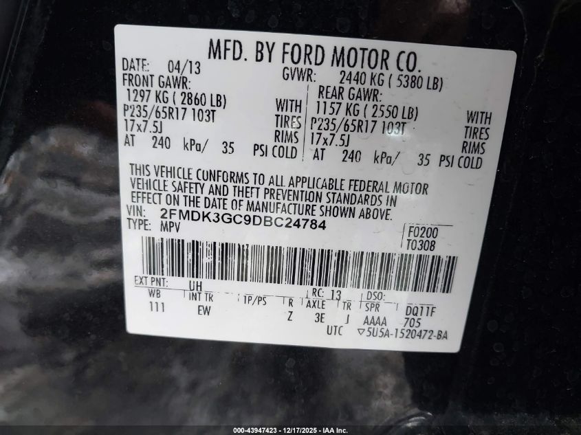 2013 Ford Edge Se VIN: 2FMDK3GC9DBC24784 Lot: 43947423
