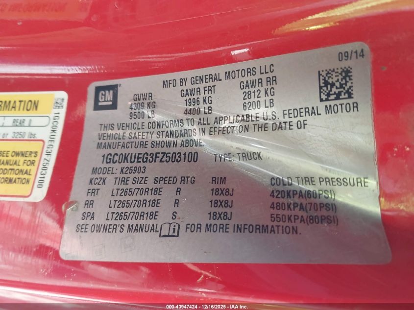 2015 Chevrolet Silverado 2500Hd Wt VIN: 1GC0KUEG3FZ503100 Lot: 43947424