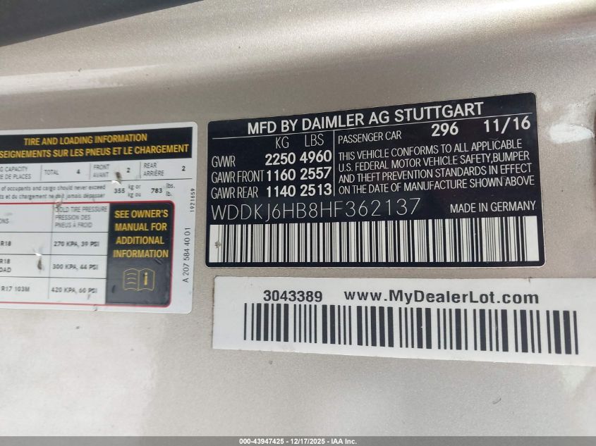 2017 Mercedes-Benz E 400 4Matic VIN: WDDKJ6HB8HF362137 Lot: 43947425