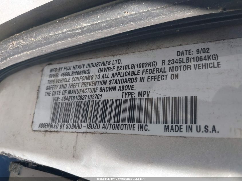 2003 Subaru Baja VIN: 4S4BT61C837102701 Lot: 43947429