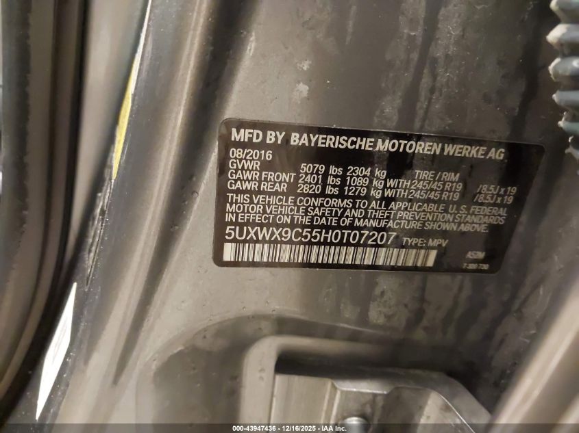 2017 BMW X3 xDrive28I VIN: 5UXWX9C55H0T07207 Lot: 43947436