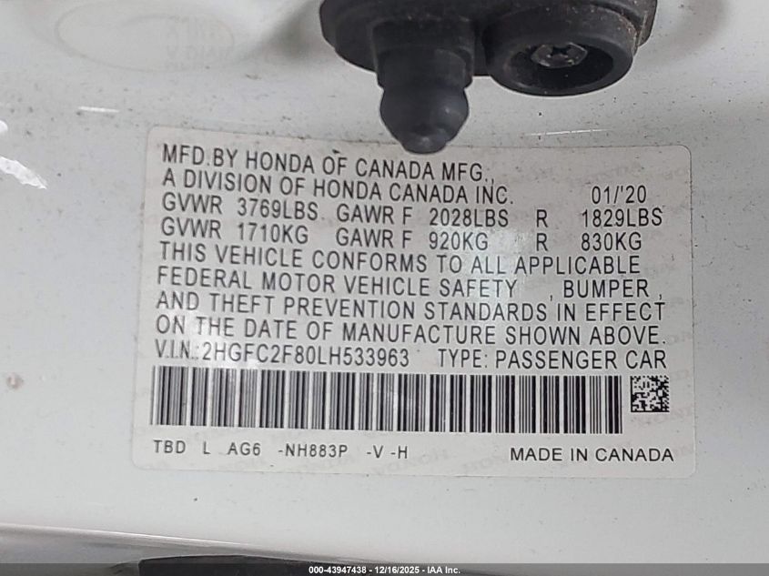 2020 Honda Civic Sport VIN: 2HGFC2F80LH533963 Lot: 43947438