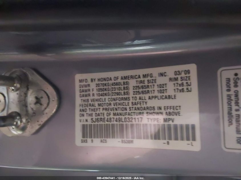 2009 Honda Cr-V Ex-L VIN: 5J6RE48749L032117 Lot: 43947441
