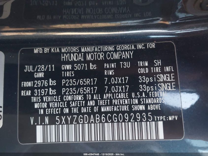 2012 Hyundai Santa Fe Gls VIN: 5XYZGDAB6CG092935 Lot: 43947448