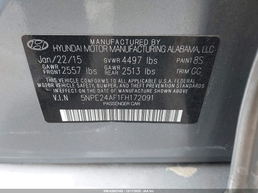2015 Hyundai Sonata Se VIN: 5NPE24AF1FH172091 Lot: 43947449